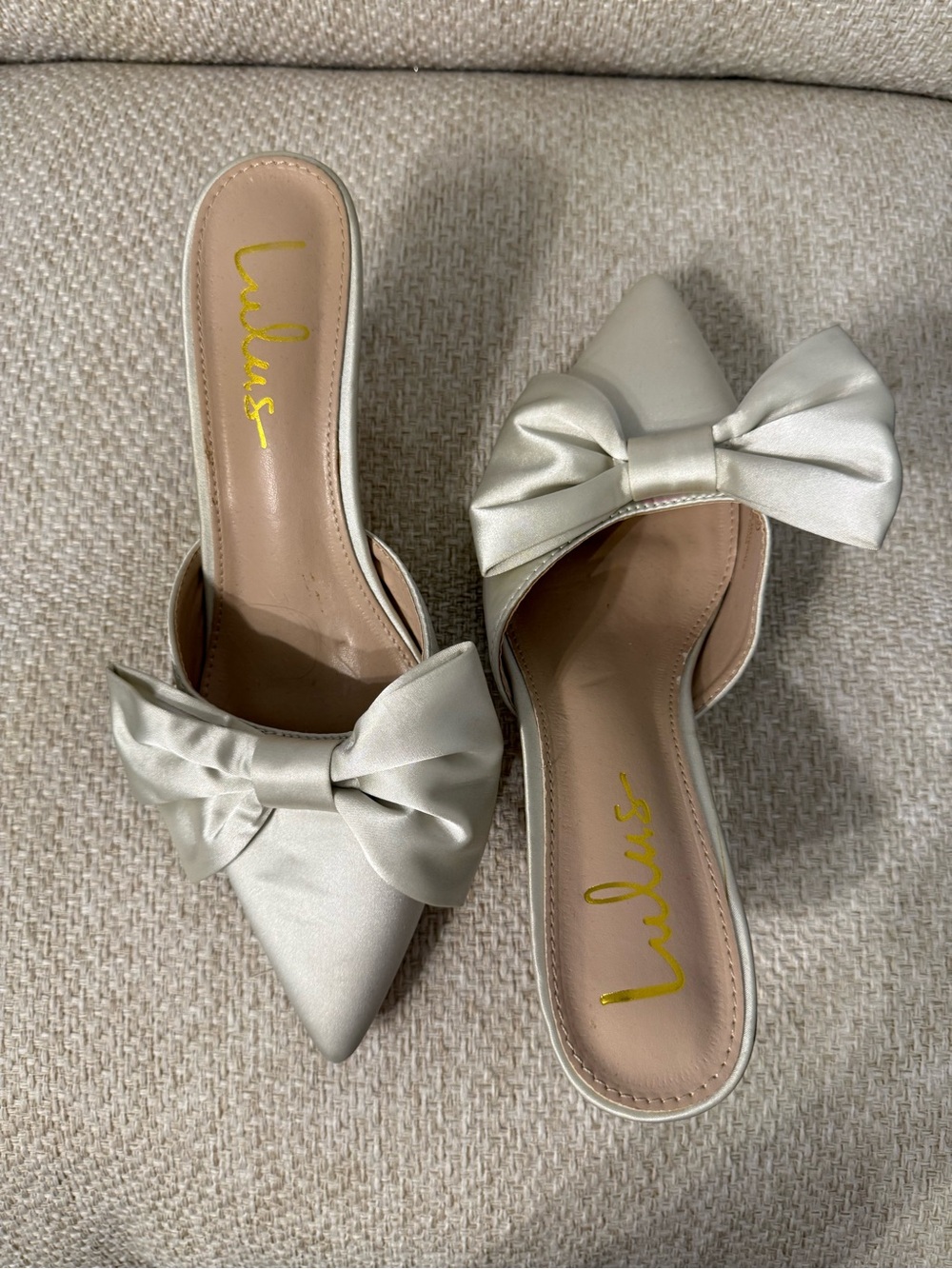 Lulu's Satin Ivory Bow Pointed Mules